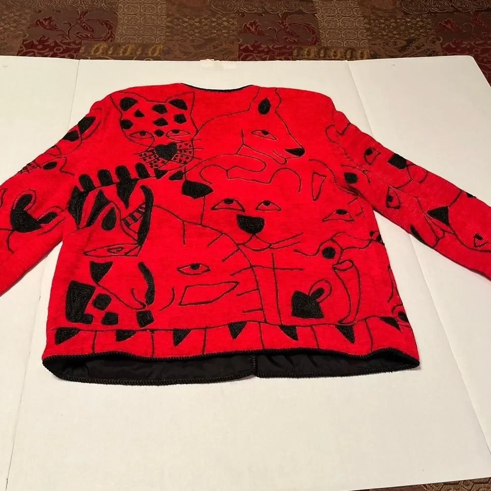 Allure Boutique VTG Black Cat Animal Jacket Embroidered Red‎ Jacket Women Small
